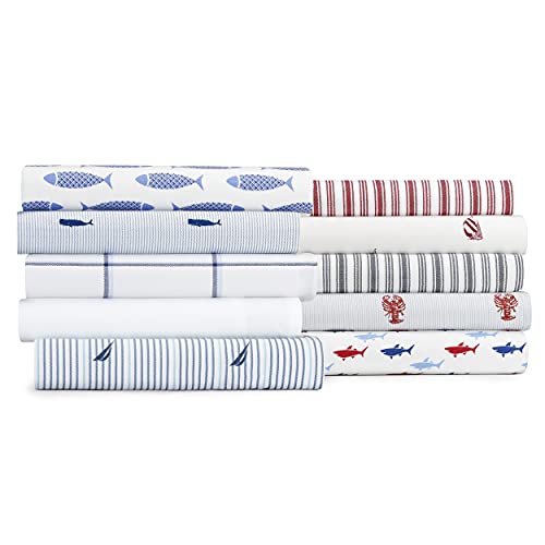 Nautica - Twin XL Sheets, Cotton Percale Bedding Set, Coastal Home Decor, Dorm Room Essentials (Woodblock Fish Blue, Twin XL)