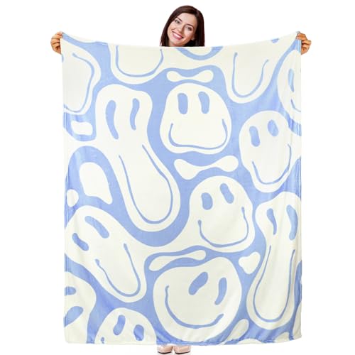 Frienda Preppy Throw Blanket Smile Face Cute Flannel Soft Plush Fuzzy Blanket Preppy Bedding Stuff for Dormitory Living Room 50" x 60"(Blue Distort Smile Face)