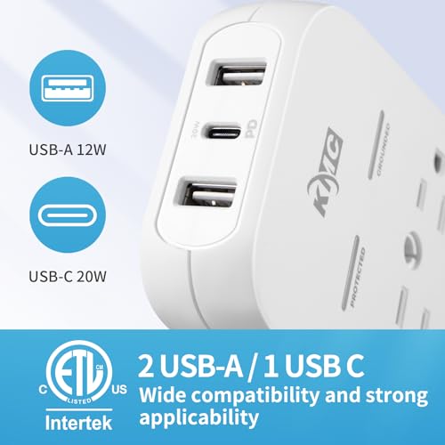 KMC 6-Outlet Extender USB-C PD Surge Protector Wall Tap, Multi-Plug USB Wall Charger, 2 USB-A Ports & USB-C 20W Power Delivery, High-Speed Phone Charger, 980J Surge Protection, UL/ETL Certified, White