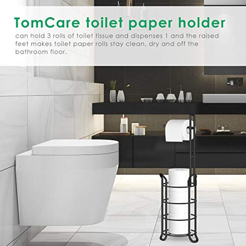 TomCare Toilet Paper Holder Toilet Paper Stand and Dispenser for 3 Spare Rolls Metal Wire Free-Standing Toilet Tissue Paper Roll Storage Shelf Bathroom Accessories Storage Organizer Black