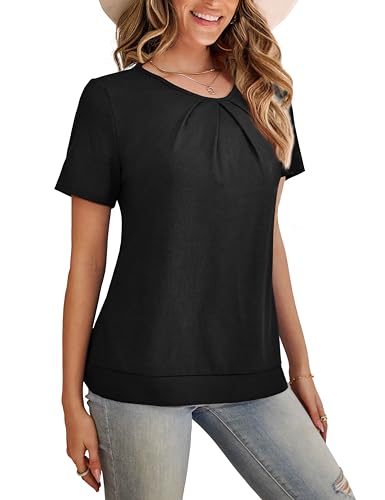 LIENRIDY Women's Short Sleeve Shirts Round Neck Loose Casual Summer Tops, Black, S