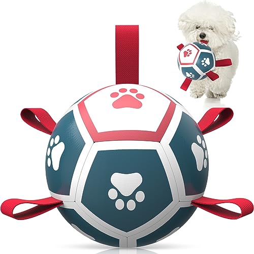 QDAN Dog Toys Soccer Ball with Straps - Durable Dog Balls for Large Dogs, Beach Pool Dog Water Toy, Dog Tug Toys for Tug of War, Puppy Dog Birthday Gifts (8 Inch)