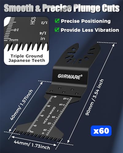 GORWARE Multitool Blades, 60PCS Japanese Tooth Blades for Wood Plastic, Universal Oscillating Tool Blades Fit Milwauke, Dewalt, Worx, Rockwell, Rigid