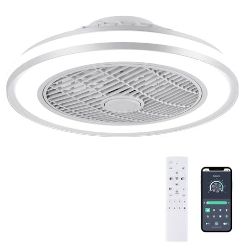 HUMHOLD 20" Ceiling Fan with Lights, Enclosed Ceiling Fan with Light Low Profle Flush Mount Led Bladeless Ceiling Fan -Remote Control 6 Wind Speeds and 3 Colors Adjustment for Bedroom/Living Room