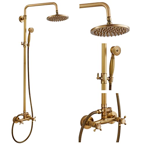 Dual Functions Exposed Pipe Shower System Round 8 Inch Rainfall Shower Head Brass Fixture Combo Set Two Handles Bathroom Shower Faucet Adjustable Showerhead Bar,Antique Brass