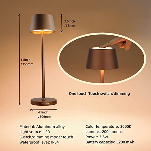 amhshkou Rechargeable Table Lamps Set of 2,with Touch Dimming and IP54 Waterproof Function Desk Lamp,Suitable for Indoor and Patio Lighting Brown 2 Pcs