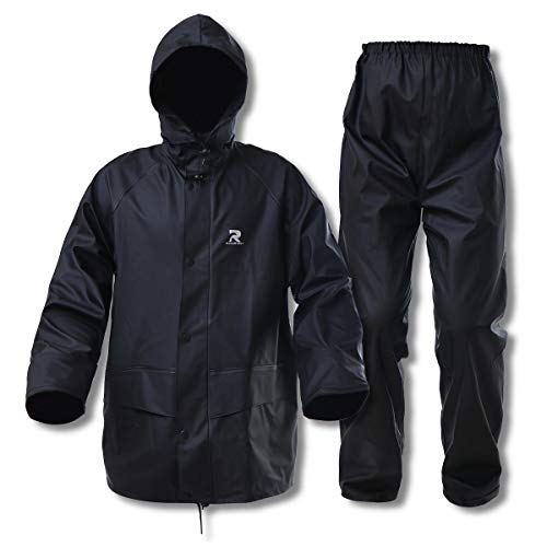 Rain Suits for Men Women Waterproof Heavy Duty Raincoat Fishing Rain Gear Jacket and Pants Hideaway Hood (Black, Small)