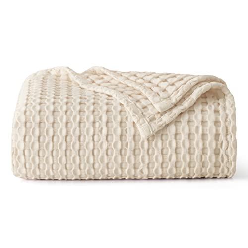 Bedsure Cooling Cotton Waffle Queen Size Blanket - Lightweight Breathable Summer Blanket of Rayon Derived from Bamboo for Hot Sleepers, Luxury Throws for Bed, Couch and Sofa, Ivory, 90x90 Inches
