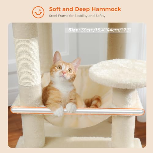 PAWZ Road Cat Tree, 53.5 Inches Tall Cat Tower with Spacious Hammocks, Condos and Scratching Posts, Cat House with Dual Padded Perches for Indoor Large Cats-Beige