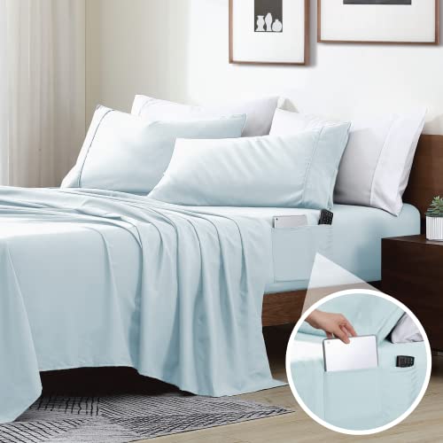 Swift Home Smart Sheets, Ultra Soft Brushed Microfiber 4-Piece Sheet Set, Fitted Bed Sheet with Side Storage Pockets – Navy, Full