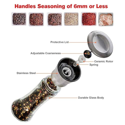 Salt and Pepper Grinder Tall Size - Black Pepper,Herb Shakers Mill Refillable Manual - Stainless Steel Lid - Adjustable Coarseness - Glass Material- Fits in Home,Kitchen,Barbecue