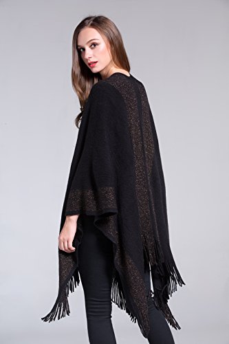 ZLYC Women's Shawl Golden Trim Knit Blanket Wrap Fringe Poncho Coat Cardigan (Space Dyed Khaki)