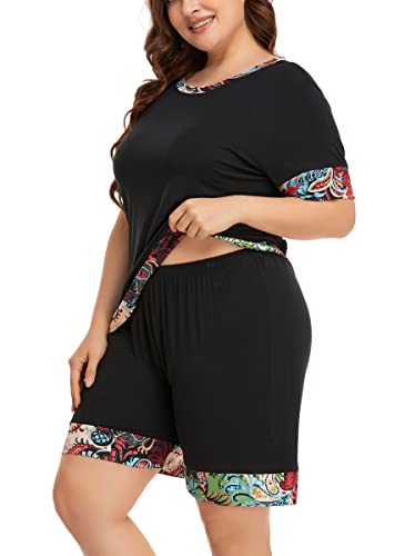 ZERDOCEAN Women's Plus Size Soft Sleepwear Pajamas Set Short Sleeve Tops with Shorts Nightwear Pj Lounge Sets Black+paisleyrim 1X