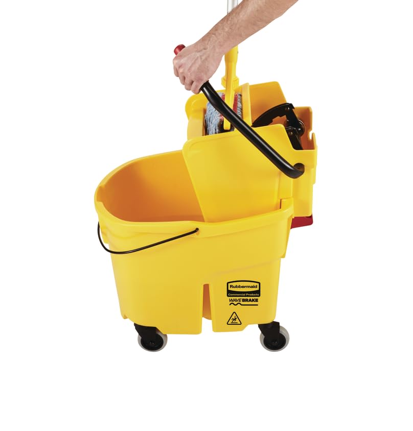Rubbermaid Commercial Products WaveBrake 26 Qt. Side-Press Mop Bucket and Wringer Combo on Wheels, Yellow, for Professional/Industrial/Business Heavy-Duty Floor Cleaning/Mopping