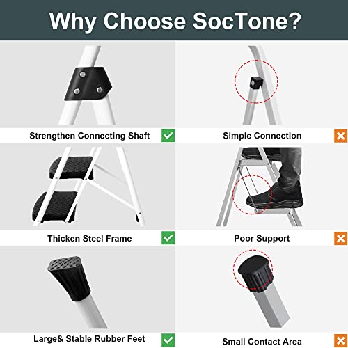 SocTone 3 Step Ladder, Folding Step Stool with Handle, Wide Anti-Slip Pedal, Lightweight, Multi-Use for Household and Office, 500lbs Capacity Sturdy Steel Ladder, Pink