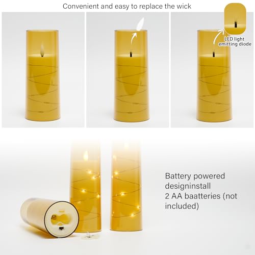 kakoya Flameless LED Candles with Timer 9 Pc Flickering Flameless Candles for Romantic Ambiance and Home Decoration Stable Acrylic Shell,with Embedded Star String,Battery Operated Candles(Orange)