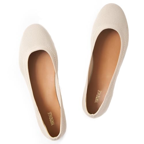 YORINDALE Women's Ballet Flats Soft Knit Lightweight Round Toe Slip On Comfort Ballerina Flat Shoes for Walking Low Wedge Soft Beige