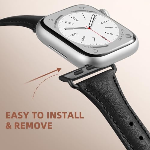 DaQin Slim Leather Band Compatible with Apple Watch Bands for Women 40mm 38mm 41mm, Top Grain Genuine Leather Strap Thin Replacement Wristband for Apple Watch Series 9 8 7 6 5 4 3 2 1 SE Ultra, Black