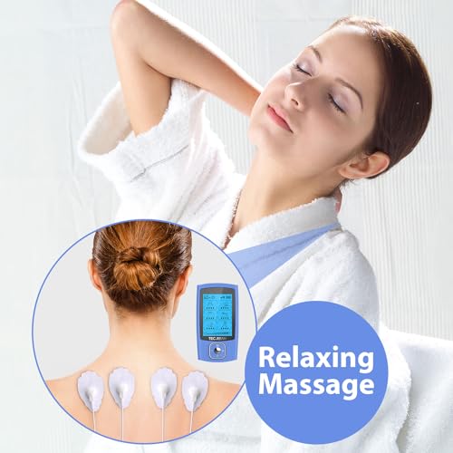 TEC.BEAN 24 Modes Tens Unit Muscle Stimulator, Rechargeable Tens Machine with 8 Electrode Pads (American Gel), Electric Pulse Massager for Pain Relief Therapy(Blue)