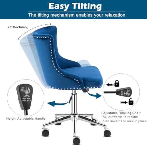 VINGLI Navy Blue Velvet Armless Home Office Desk Chair with Gold Base/Wheels, Cute Vanity/Makeup Chair with Back for Bedroom, Upholstered Adjustable Rolling Swivel Nail Chair for Women/Girls