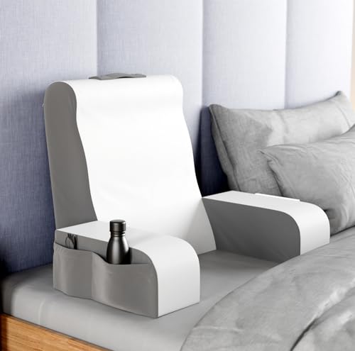 Kolbs Reading Pillow | Full Support for Comfort Solid Foam | Back Pillow for Bed Sitting Up TV Book Gaming Pillow - Back Support Pillow for Bed Backrest Bed Chair with Arms (Grey/White, Standard)