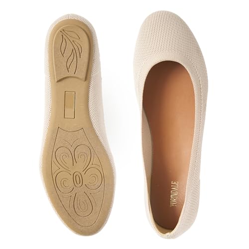 YORINDALE Women's Ballet Flats Soft Knit Lightweight Round Toe Slip On Comfort Ballerina Flat Shoes for Walking Low Wedge Soft Beige