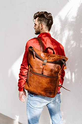 BERLINER BAGS Vintage Leather Backpack Utrecht XL, Large Waterproof Bookbag for Men and Women - Brown