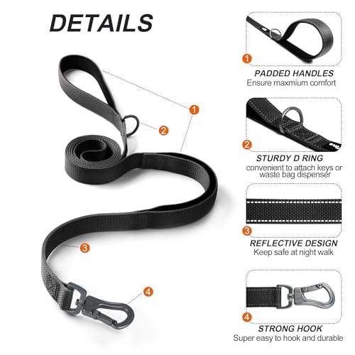 TwoEar 4FT 1IN Strong Black Dog Leash with 2 Padded Handles, Traffic Handle Extra Control, Comfortable Soft Dual Handle, Auto Lock Hook, Reflective Walking Lead for Small Medium and Large Dogs
