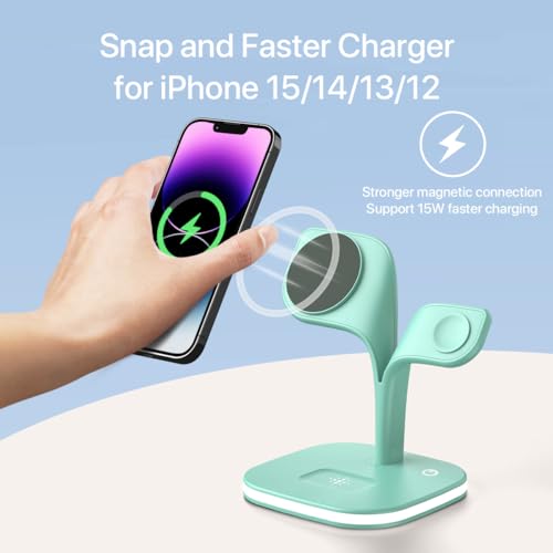EXW Charging Station, Magnetic Wireless Charger, 5 in 1 Fast Mag-Safe Wireless Charger Stand for iPhone 16,15 14,13,12 Pro/Max/Mini/Plus, Apple Watch 9/8/7/6/SE/5/4/3/2 and Airpods 3/2/Pro/Pro(Green)