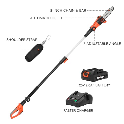 MAXLANDER 8 Inch Cordless Pole Saw, 20V Power Pole Chainsaw for Tree Trimming, Telescoping Electric Tool-free Installation, Adjustable Head Pole Saw with 2.0Ah Battery & Fast Charger