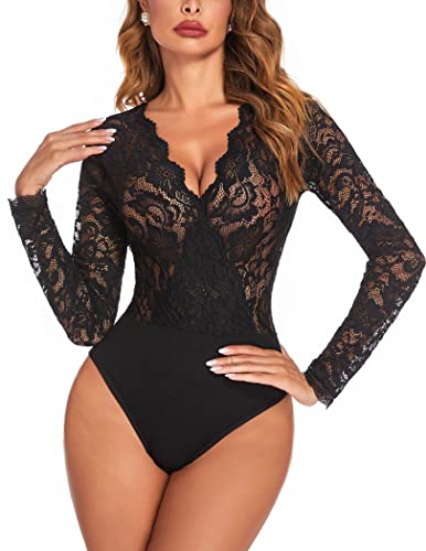 Avidlove Plus Size Womens Long Sleeve Black Bodysuit V Neck Lace Body Suits Going Out Tops Snap Crotch One Piece Teddy Lingerie