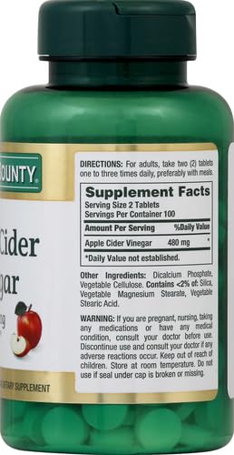 Nature's Bounty Apple Cider Vinegar 480mg Pills, Vegetarian Supplement Plant Based, 200 Tablets