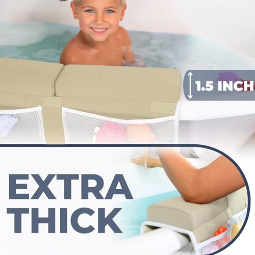 Toodly Baby Bath Kneeler and Elbow Rest Pad Set - Baby Bath Support for Knees and Elbows - Bath Kneeler Pad with Memory Foam and Bath Toys Organizer - Ideal Bath Kneeling Pad for Bathing Baby - Beige