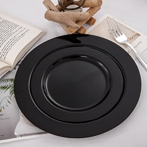 FLOWERCAT 60PCS Black Plastic Plates - Heavy Duty Black Disposable Plates for Party/Wedding - Include 30PCS 10.25inch Black Dinner Plates and 30PCS 7.5inch Black Dessert/Salad Plates