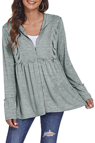 DEESHA Women's Full-Zip Hooded Sweatshirt Pleated Tiered Ruffle Hooded Sweatshirts Jacket Coat Purple