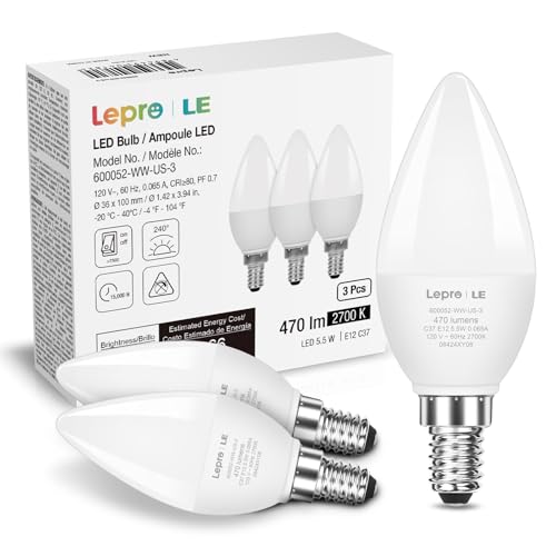 Lepro E12 LED Candelabra Light Bulbs, 5.5 watt, 40 watt Equivalent C37 B11 Ceiling Fan Bulb Chandelier Bulbs, 2700 Kelvin Warm White Type B Small Base Candle Lights, Frosted Plastic Shell, 3-Pack