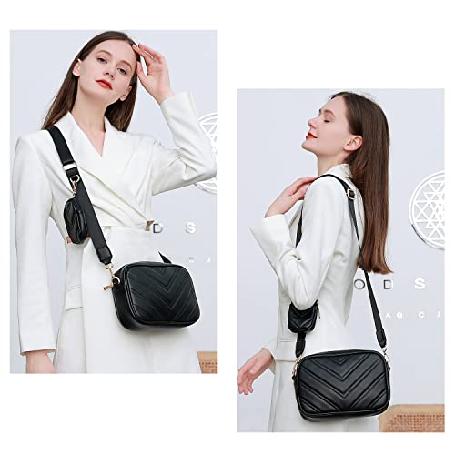 Herald Chevron Quilted Small Crossbody Bag with Coin Purse Pouch, Women Square Camera Side Shoulder 2 Size Handbags (Black)