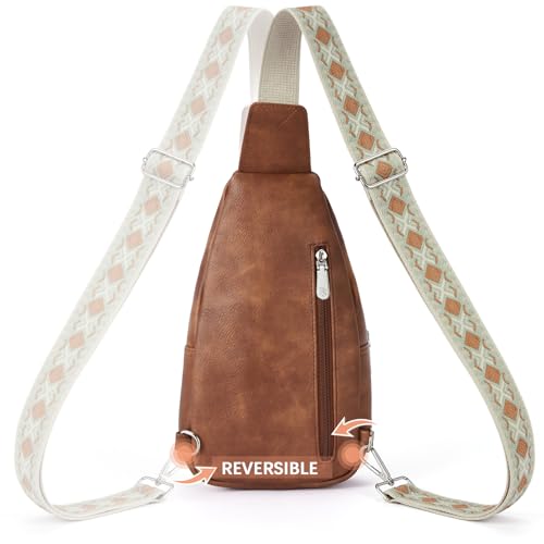 BOSTANTEN Sling Bag for Women Crossbody Purse Cross body Bag Leather Chest Bag with Removable Guitar Strap, Brown