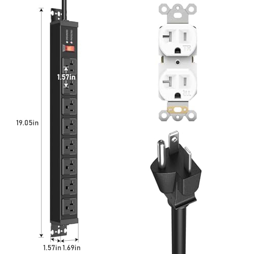 JUNNUJ 20 Amp Power Strip Surge Protector 4800J, Heavy Duty 8 Outlet Metal Multi Angle Mount, 20A Garage Power Strip Shop 6-20R T-Slot, 5-15P Plug 12 Gauge Extension Cord 6ft for Appliance