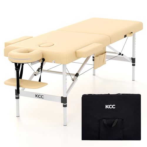 KCC Memory Foam Portable Massage Table, Foldable Tattoo Table Lash Bed Height Adjustable,28 Inchs Wide Home Salon Spa Bed Accessories &Carrying Case,Easy Set Up,Lightweight Aluminium Leg,Beige