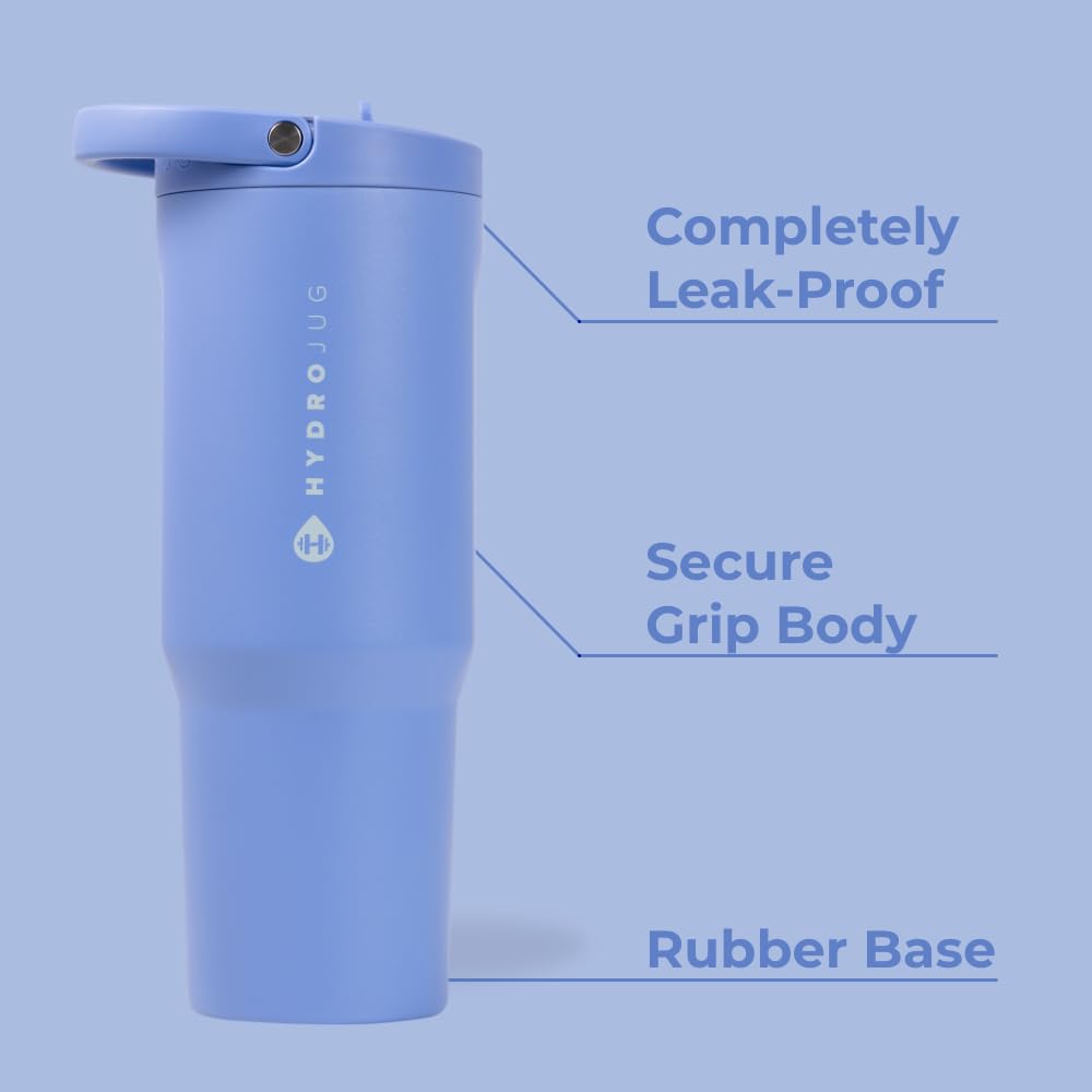 HydroJug Sport - Stainless Steel Tumbler with Straw, Vacuum Insulated, 32oz Leakproof Water Bottle, Ergonomic Design, Reusable, Dishwasher Safe, Rubber Base, Durable for Gym or Outdoors, Light Blue
