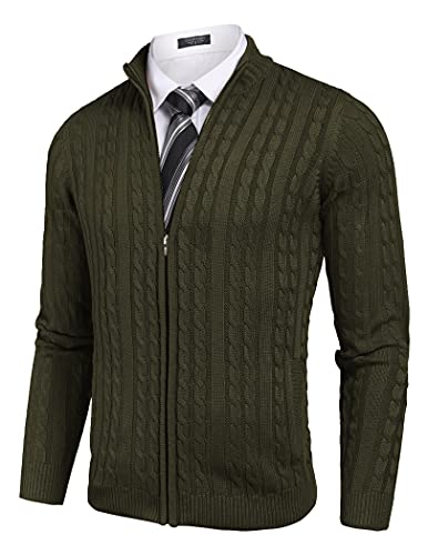 COOFANDY Men's Zip Up Cardigan Sweater Stand Collar Slim Fit Cable Knit Full Zip Sweater Jacket with Pockets Light Brown
