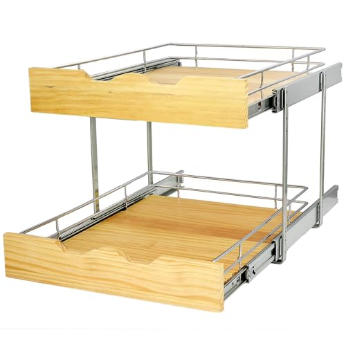 DINDON 2 Tier Pull Out Cabinet Organizer (11" W x 21" D) Slide Out Wood Shelf Organizers Double Tier Kitchen Wire Basket With Chrome Finish…