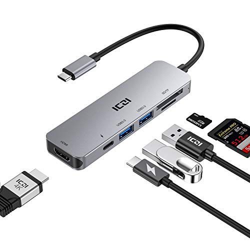 USB C Hub, ICZI USB C Adapter, 6-in-1 USB C to 4K HDMI Multiport Adapter, USB C Dongle for MacBook Air/MacBook Pro/iPad/HP/Dell, and More Type C Devices(4K HDMI/USB3.0/100W PD/SD/TF Card Reader)