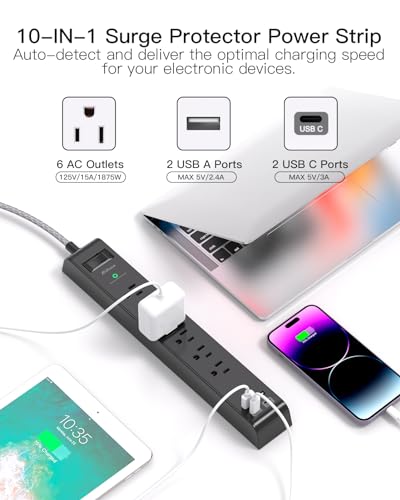 Surge Protector Power Strip - 6 Outlets 4 USB Charging Ports, 5Ft Braided Extension Cord, Flat Plug, Overload Protection, Wall Mount for Home Office, Dorm Room Essentials, Black
