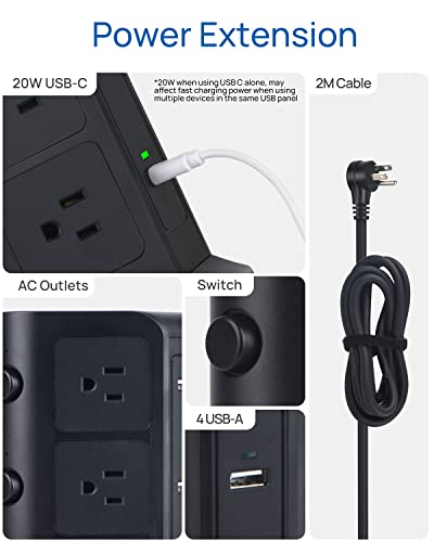 KOOSLA Dual 20W USB-C Power Strip Tower, Surge Protector Power Strip, Power Tower with USB Ports and Widely Spaced AC Outlets,1875W/15A, Charging Tower with 6.5ft Heavy-Duty Extension Cord Black