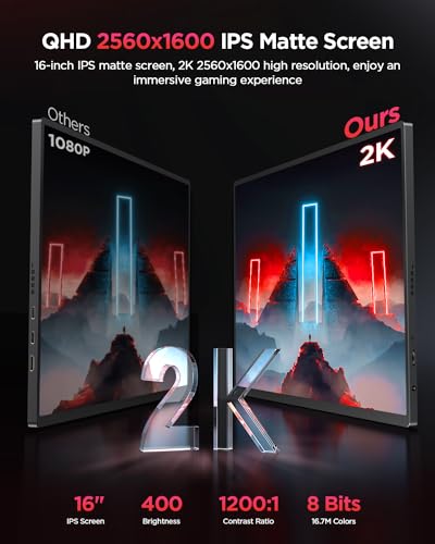 UPERFECT 2K 120Hz Portable Gaming Monitor, 16" 2560x1600 QHD Portable Monitor HDR FreeSync Laptop Monitor w/VESA & Smart Case Matte IPS Eye Care External Second Screen for PC Phone Game Console