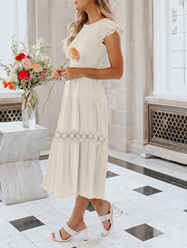 ZESICA Women's 2024 Casual Crew Neck Flutter Sleeve Smocked High Waist Hollow Out Lace Trim Tiered A Line Midi Dress,Sage,Large