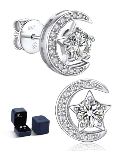 MomentWish Moon Earrings, Graduation Gifts for Her, 1Carat Moissanite Stud Earrings for Women, S925 Sterling Silver Star Jewelry Gift for Her