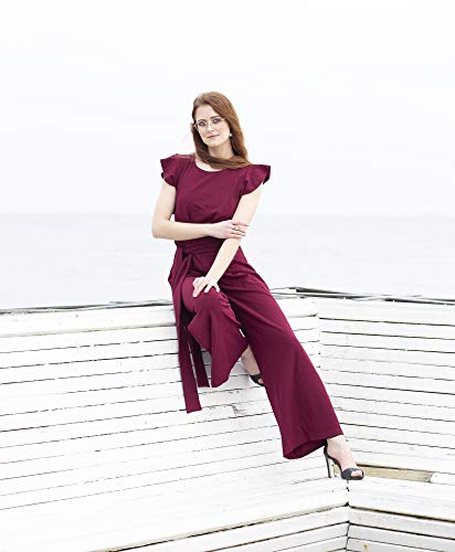 Knitee Women's Vintage Sleeveless Ruffle High Waist Wide Leg Romper Formal Long Jumpsuit with Belt (A-Burgundy, Small, s)